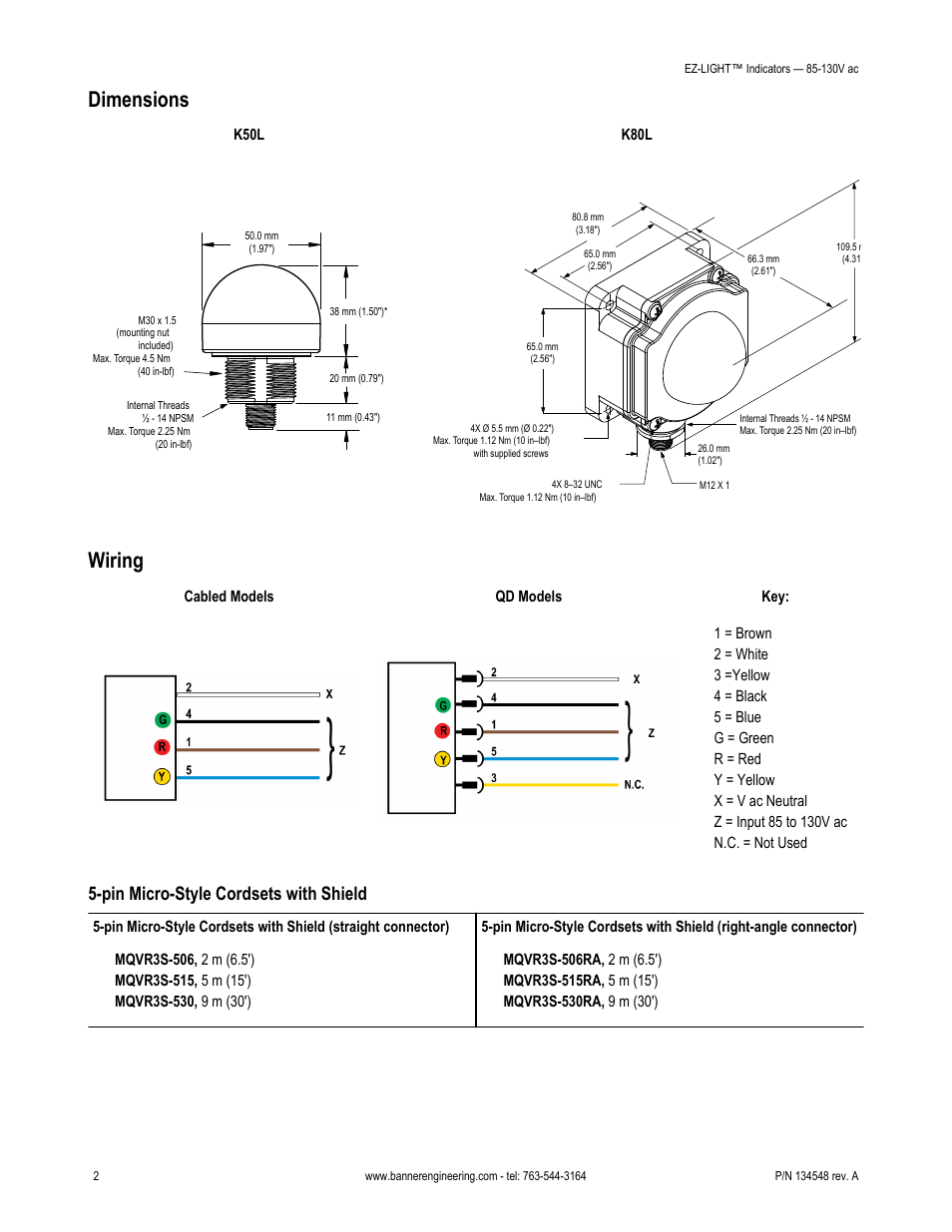 Dimensions, Wiring, Pin micro-style cordsets with shield | Banner K80L General Purpose EZ-LIGHT User Manual | Page 2 / 4