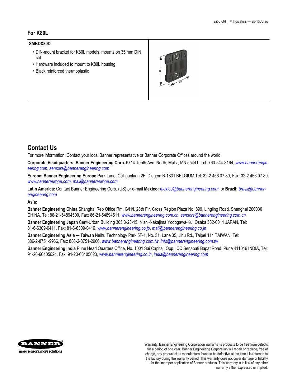 Contact us, For k80l | Banner K80L General Purpose EZ-LIGHT User Manual | Page 4 / 4