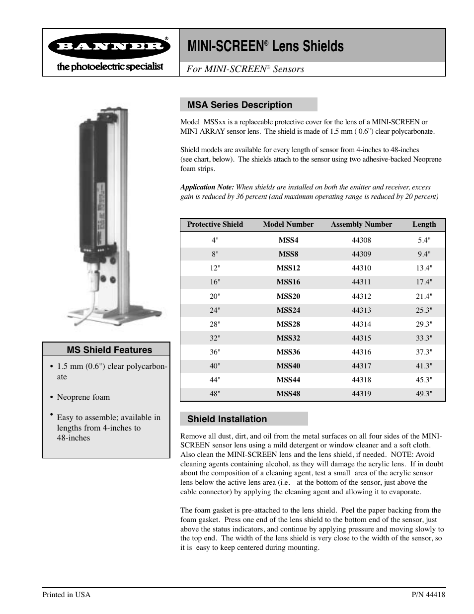 Banner MINI-SCREEN Lens Shields User Manual | 2 pages