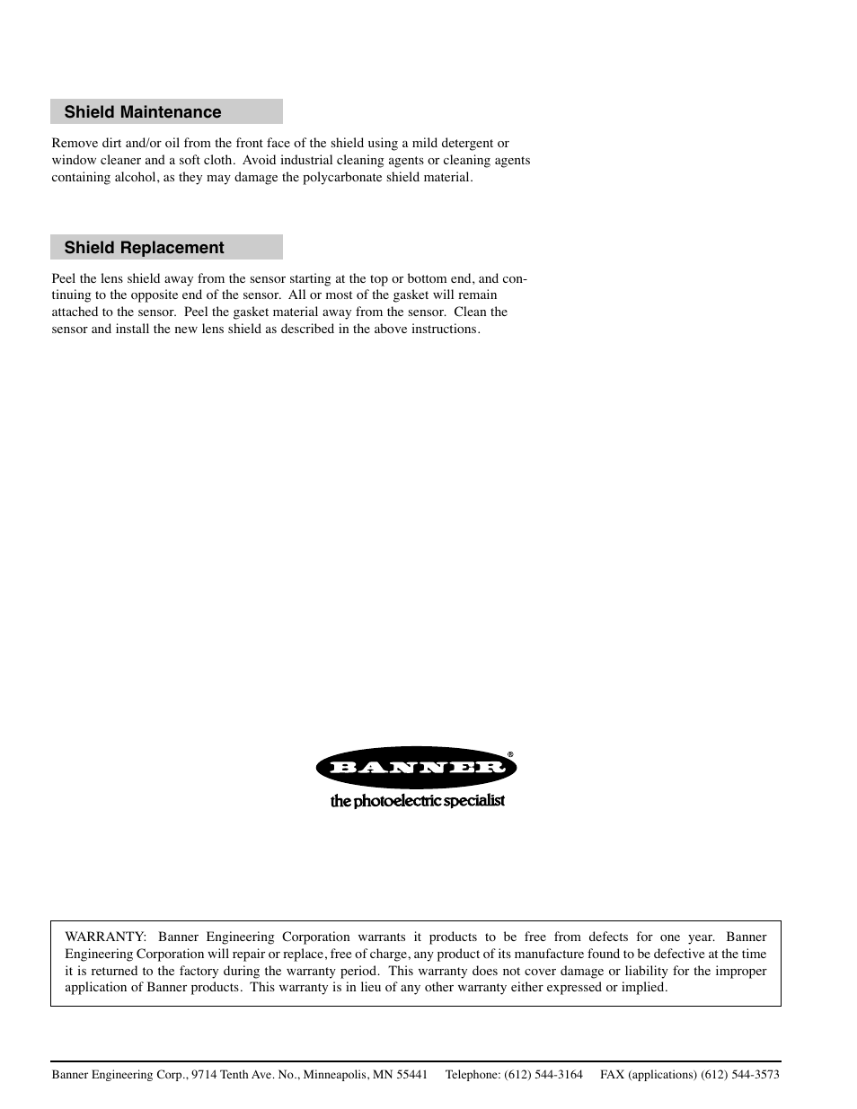 Banner MINI-SCREEN Lens Shields User Manual | Page 2 / 2