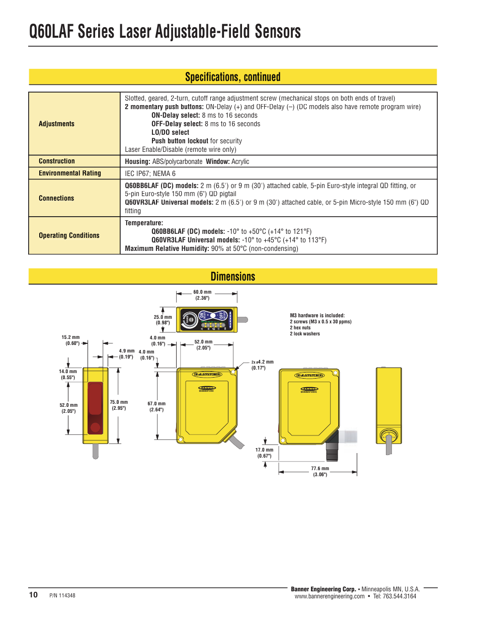 Q60laf series laser adjustable-field sensors, Specifications, continued, Dimensions | Banner Q60 Background Suppression Series User Manual | Page 10 / 12