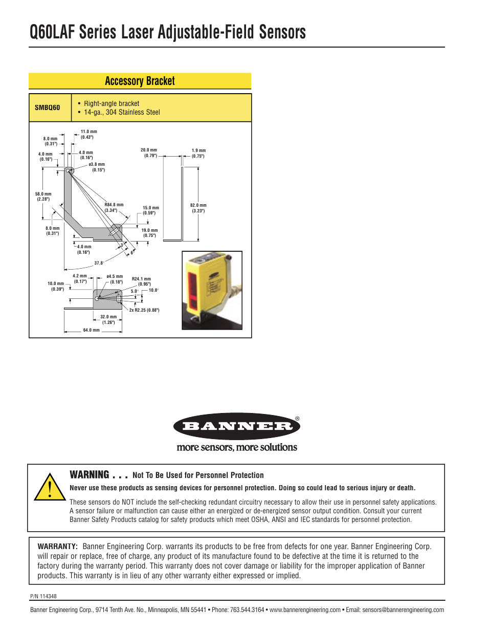 Q60laf series laser adjustable-field sensors, Accessory bracket | Banner Q60 Background Suppression Series User Manual | Page 12 / 12