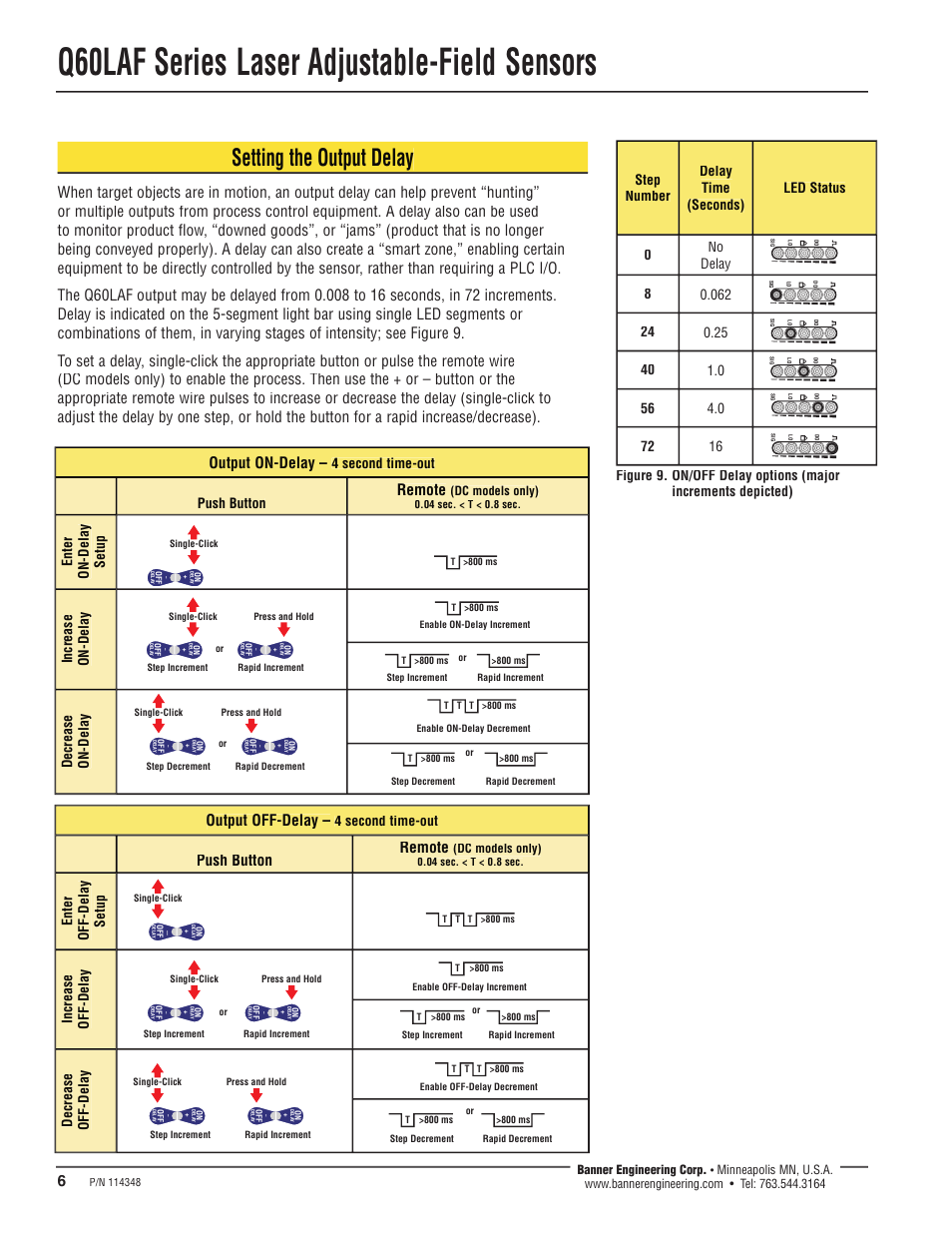 Q60laf series laser adjustable-field sensors, Setting the output delay, Output on-delay | Remote, Output off-delay, Push button remote, 4 second time-out push button, 4 second time-out, Banner engineering corp, Dc models only) | Banner Q60 Background Suppression Series User Manual | Page 6 / 12