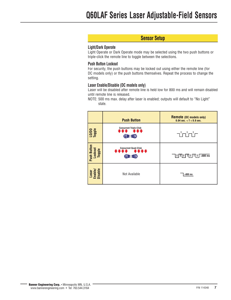 Q60laf series laser adjustable-field sensors, Sensor setup, Light/dark operate | Push button lockout, Laser enable/disable (dc models only), Push button remote | Banner Q60 Background Suppression Series User Manual | Page 7 / 12