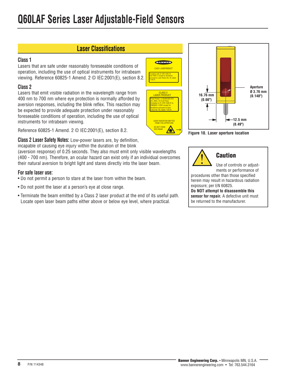 Q60laf series laser adjustable-field sensors, Laser classifications, Caution | Class 1, Class 2, For safe laser use, Figure 10. laser aperture location | Banner Q60 Background Suppression Series User Manual | Page 8 / 12