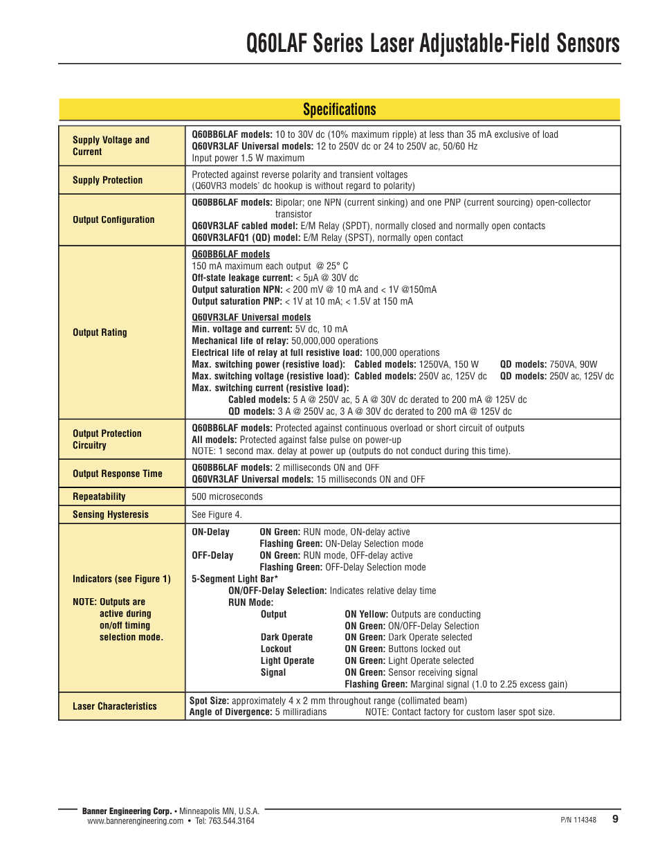 Q60laf series laser adjustable-field sensors, Specifications | Banner Q60 Background Suppression Series User Manual | Page 9 / 12