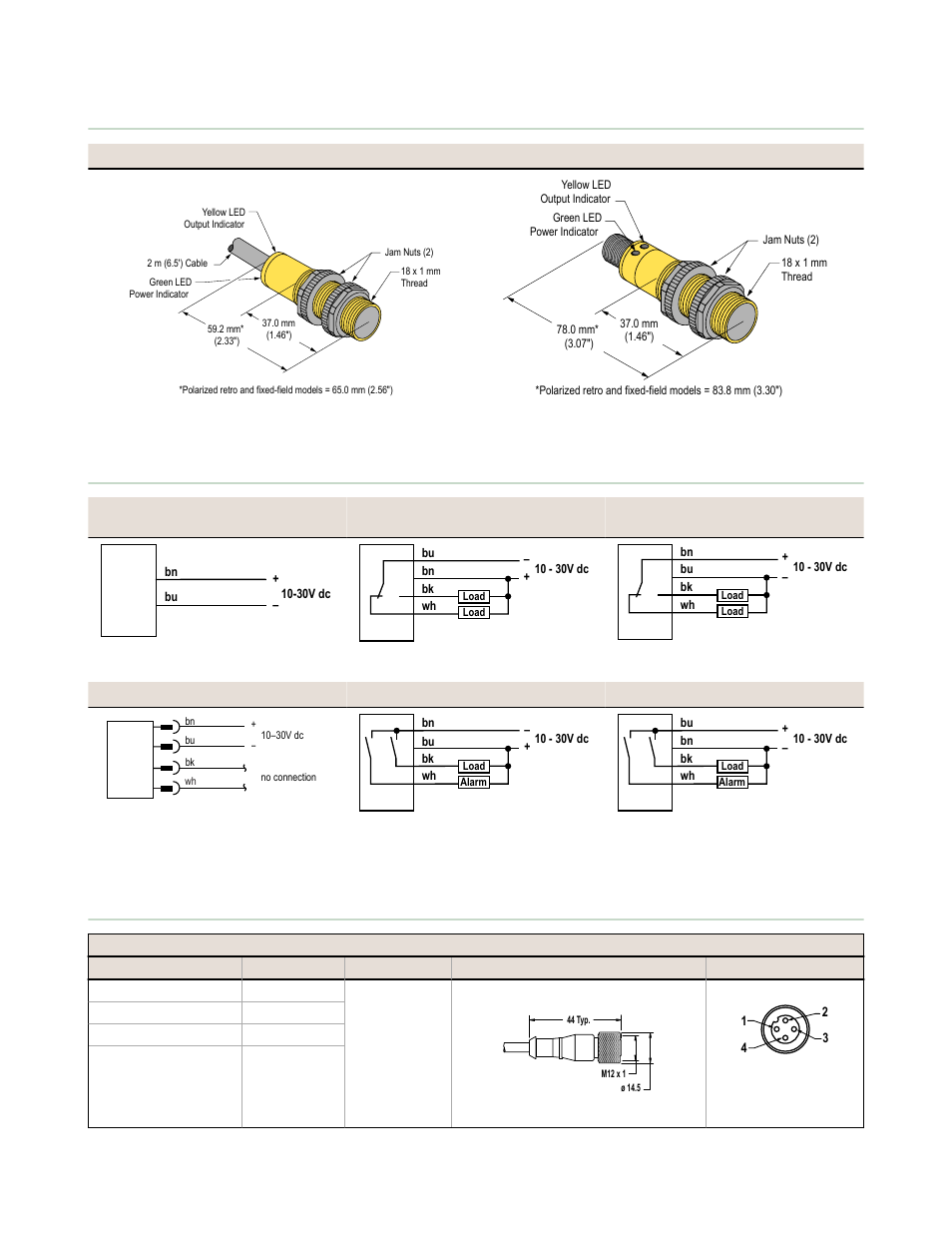 Dimensions, Wiring diagrams, Accessories | Banner S18 Series User Manual | Page 7 / 8