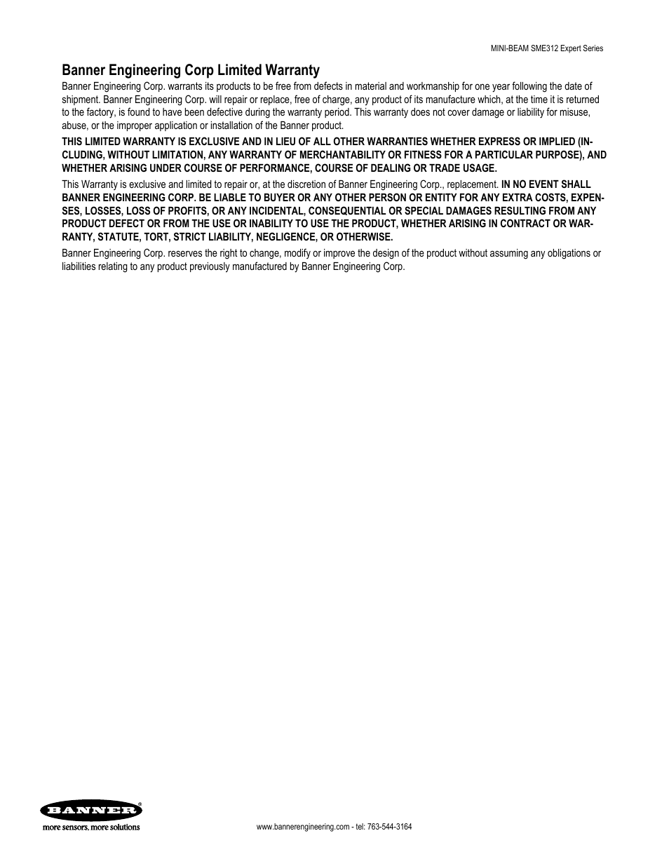 Banner engineering corp limited warranty | Banner MINI-BEAM Expert Series User Manual | Page 13 / 13