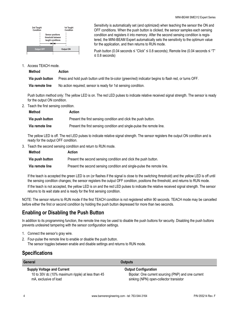 Enabling or disabling the push button, Specifications | Banner MINI-BEAM Expert Series User Manual | Page 4 / 13