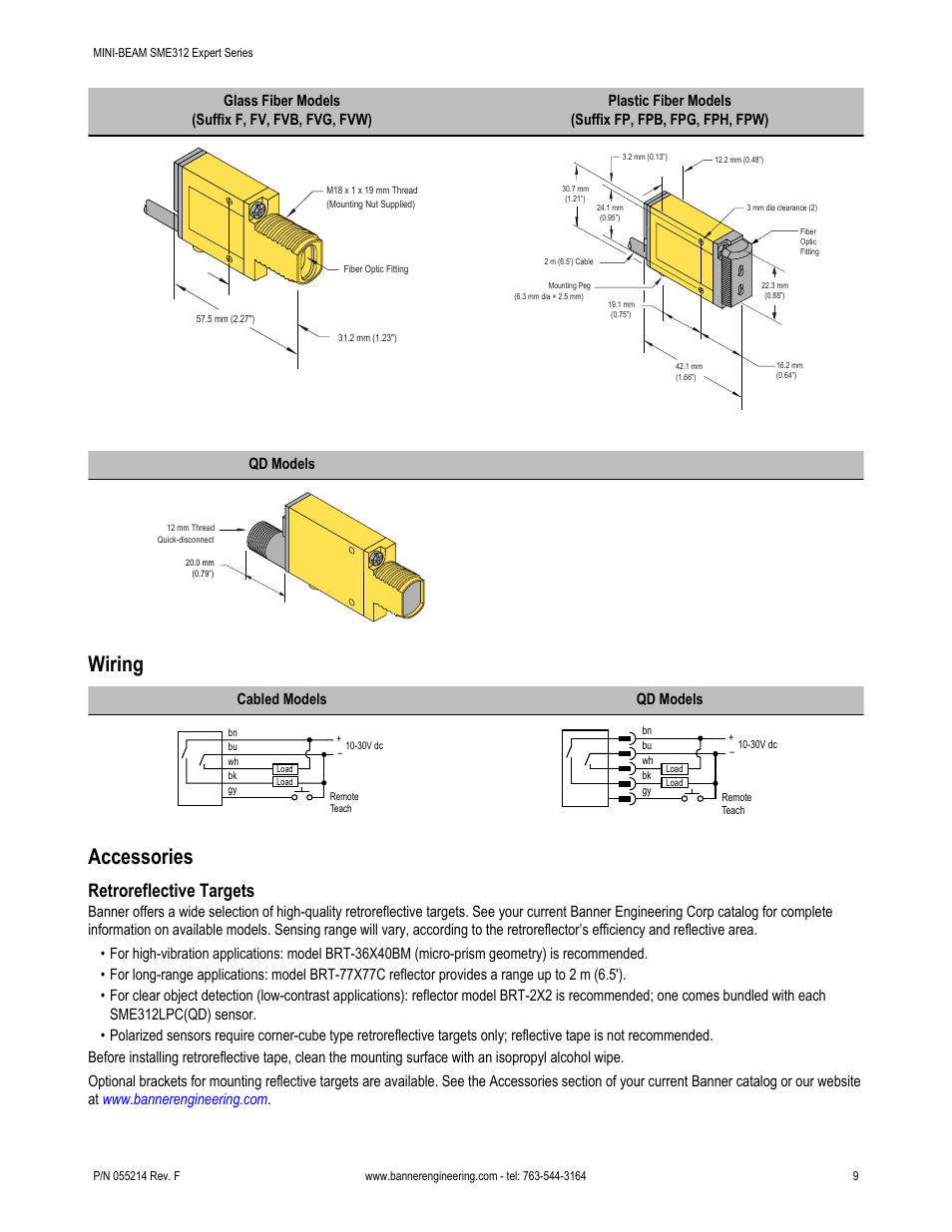 Wiring, Accessories, Retroreflective targets | Qd models, Cabled models qd models | Banner MINI-BEAM Expert Series User Manual | Page 9 / 13