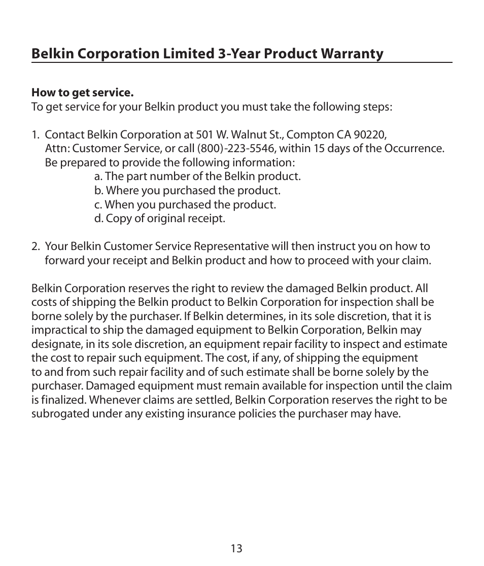 Belkin corporation limited 3-year product warranty | Belkin F5X019 User Manual | Page 15 / 16