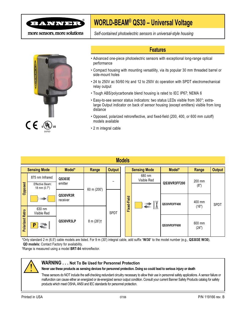 Banner WORLD-BEAM QS30 Series User Manual | 8 pages