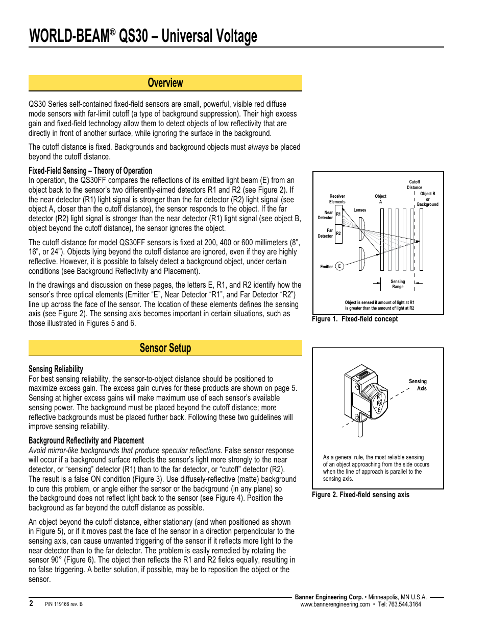 World-beam, Qs30 – universal voltage, Overview | Sensor setup, Fixed-field sensing – theory of operation, Sensing reliability, Background reflectivity and placement | Banner WORLD-BEAM QS30 Series User Manual | Page 2 / 8