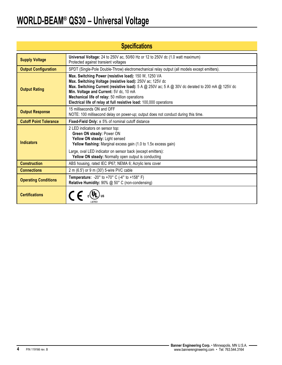 World-beam, Qs30 – universal voltage, Specifications | Banner WORLD-BEAM QS30 Series User Manual | Page 4 / 8