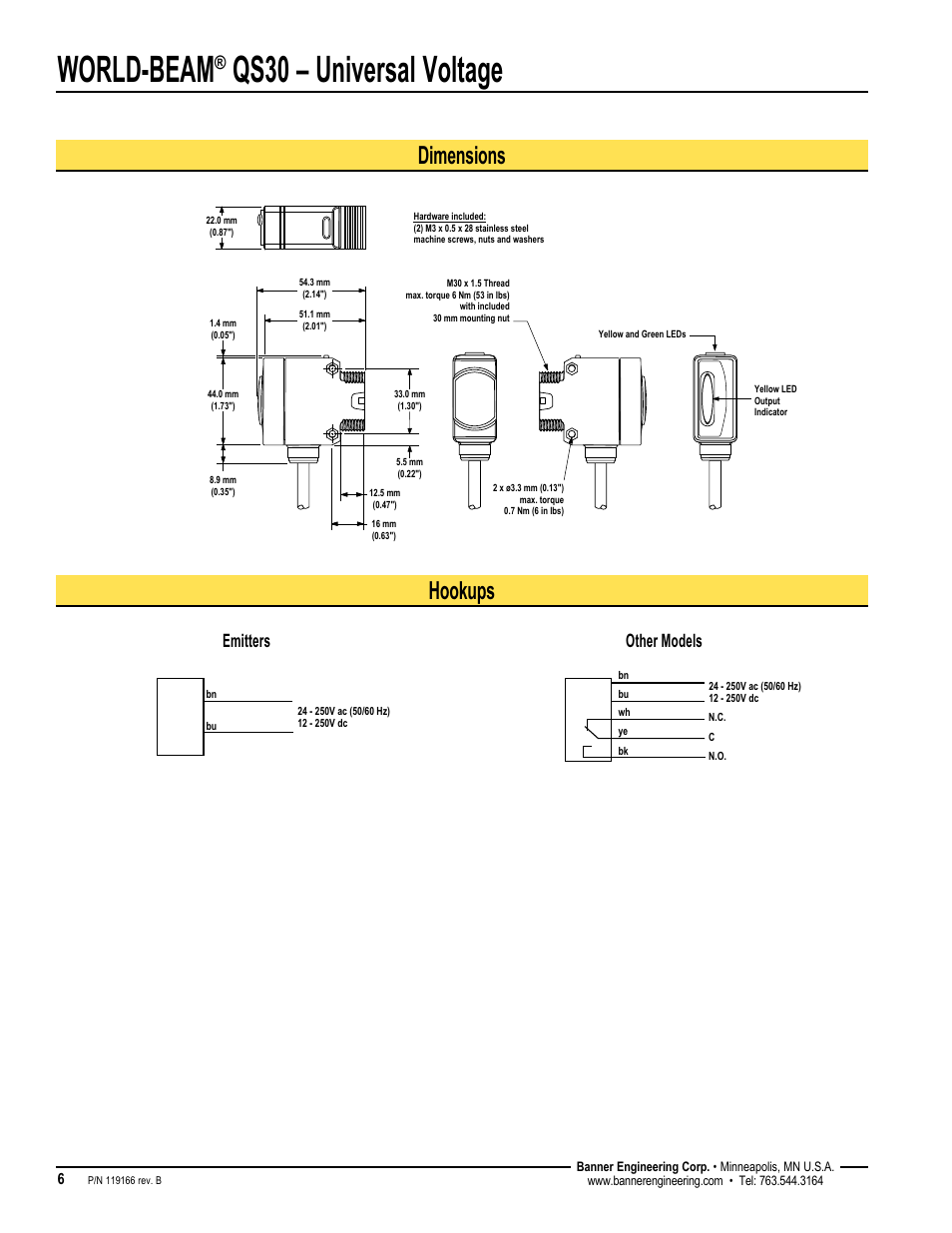 World-beam, Qs30 – universal voltage, Dimensions hookups | Other models emitters | Banner WORLD-BEAM QS30 Series User Manual | Page 6 / 8