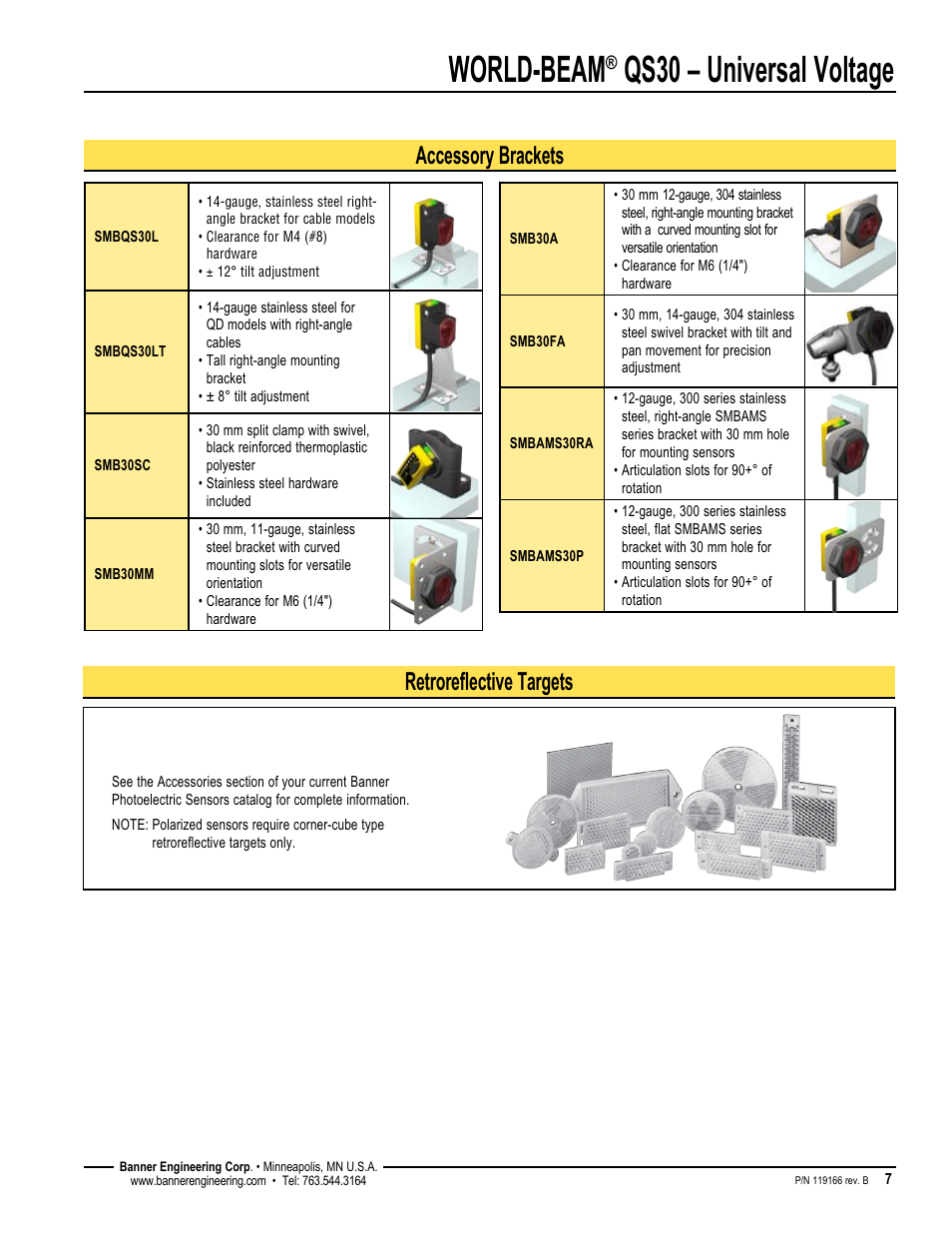 World-beam, Qs30 – universal voltage, Accessory brackets retroreflective targets | Banner WORLD-BEAM QS30 Series User Manual | Page 7 / 8