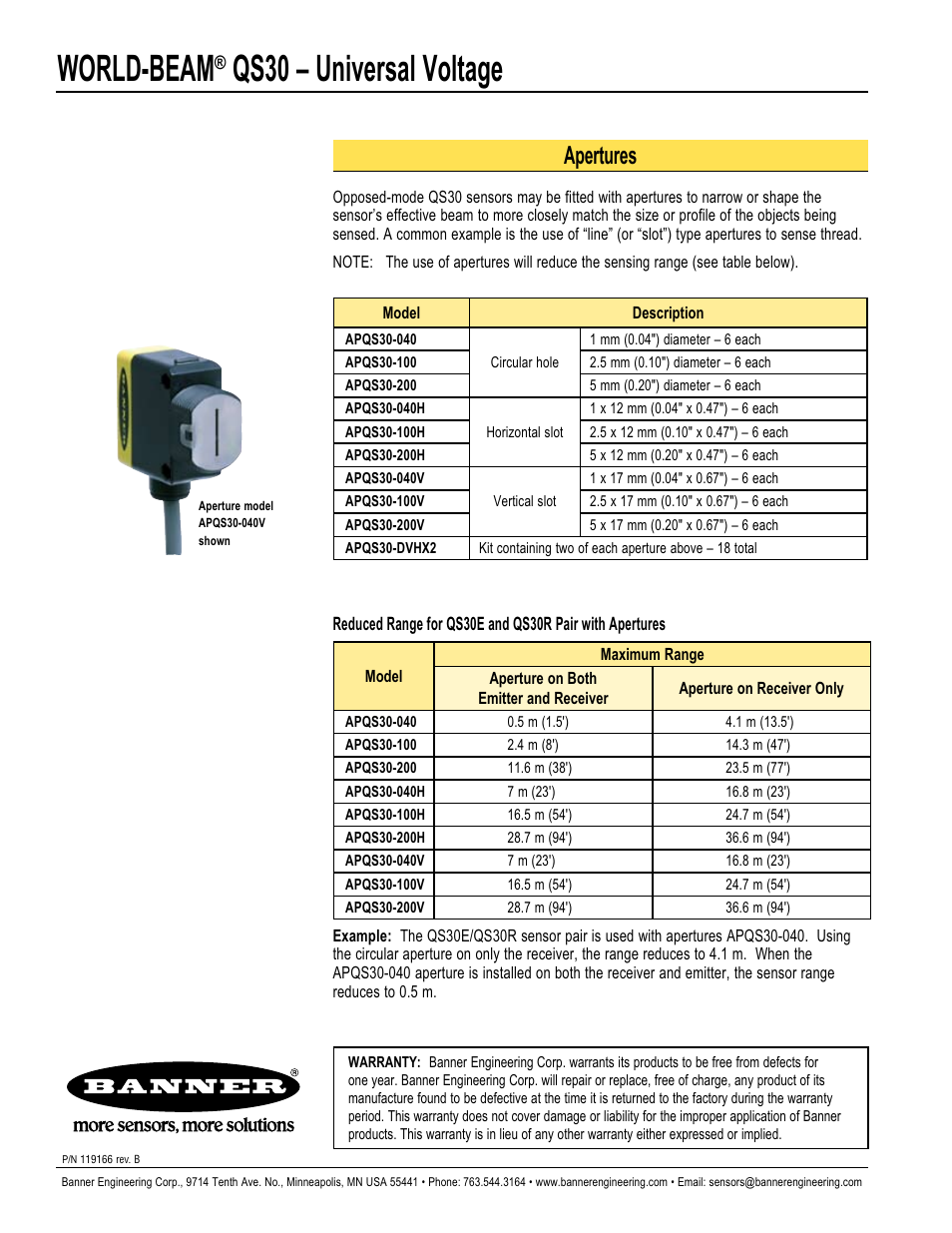 World-beam, Qs30 – universal voltage, Apertures | Banner WORLD-BEAM QS30 Series User Manual | Page 8 / 8