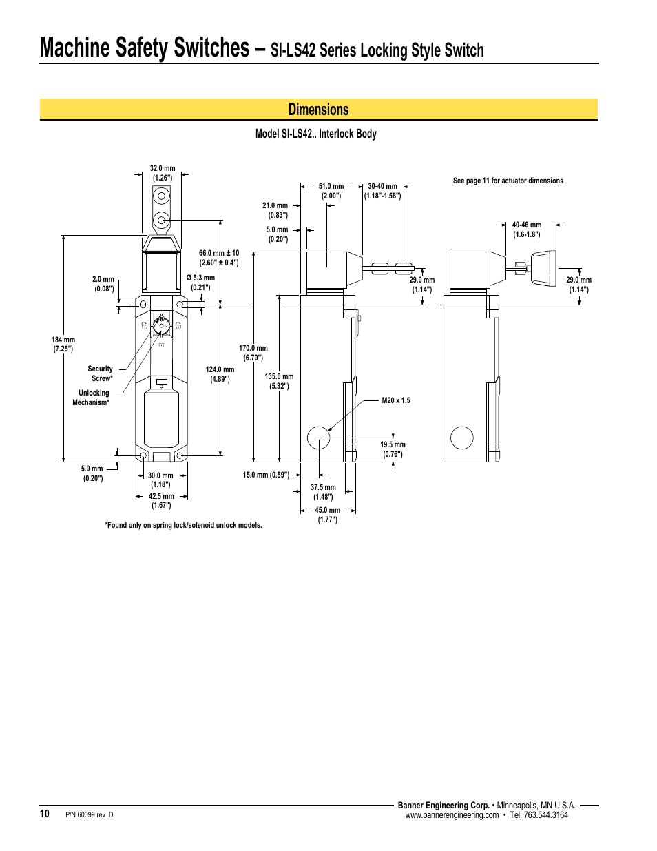 Machine safety switches, Si-ls42 series locking style switch, Dimensions | Model si-ls42.. interlock body | Banner SI-QM100 Locking Style Switches User Manual | Page 10 / 12