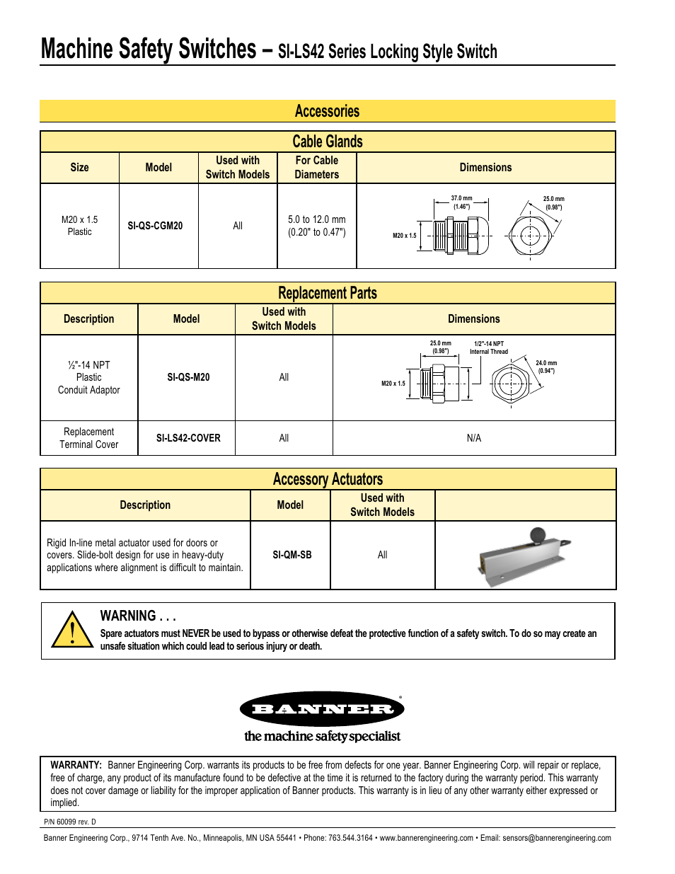 Machine safety switches, Si-ls42 series locking style switch, Accessories replacement parts | Cable glands, Accessory actuators, Warning | Banner SI-QM100 Locking Style Switches User Manual | Page 12 / 12