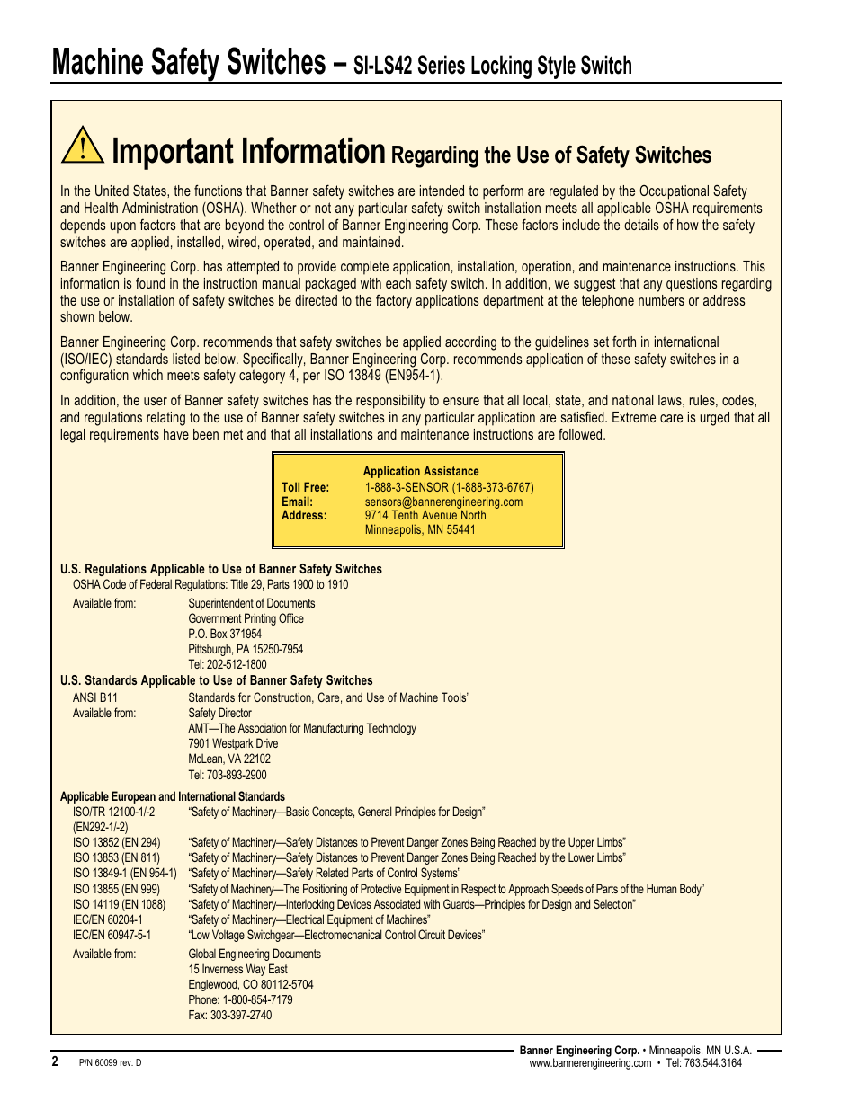 Machine safety switches, Important information, Si-ls42 series locking style switch | Regarding the use of safety switches | Banner SI-QM100 Locking Style Switches User Manual | Page 2 / 12