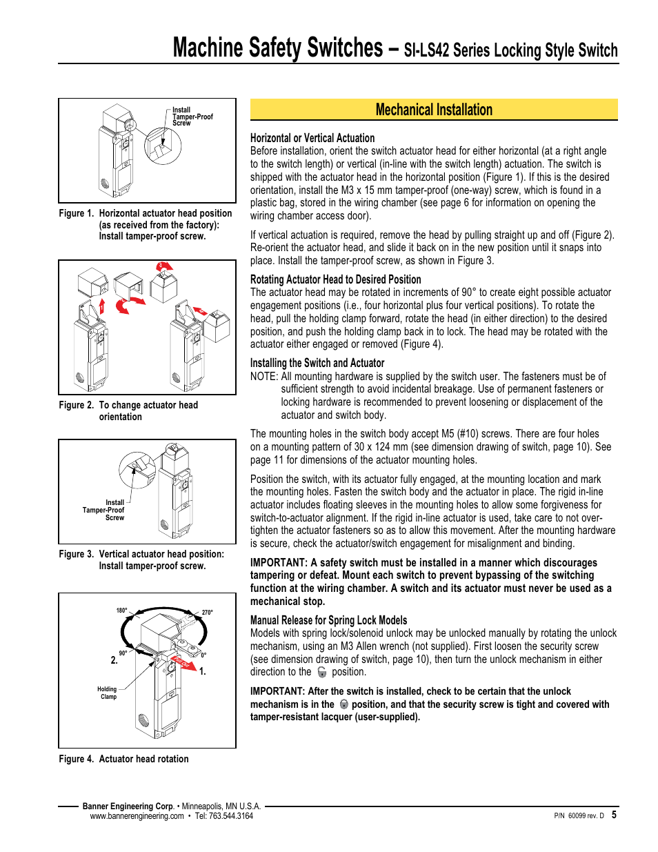 Machine safety switches, Si-ls42 series locking style switch, Mechanical installation | Banner SI-QM100 Locking Style Switches User Manual | Page 5 / 12