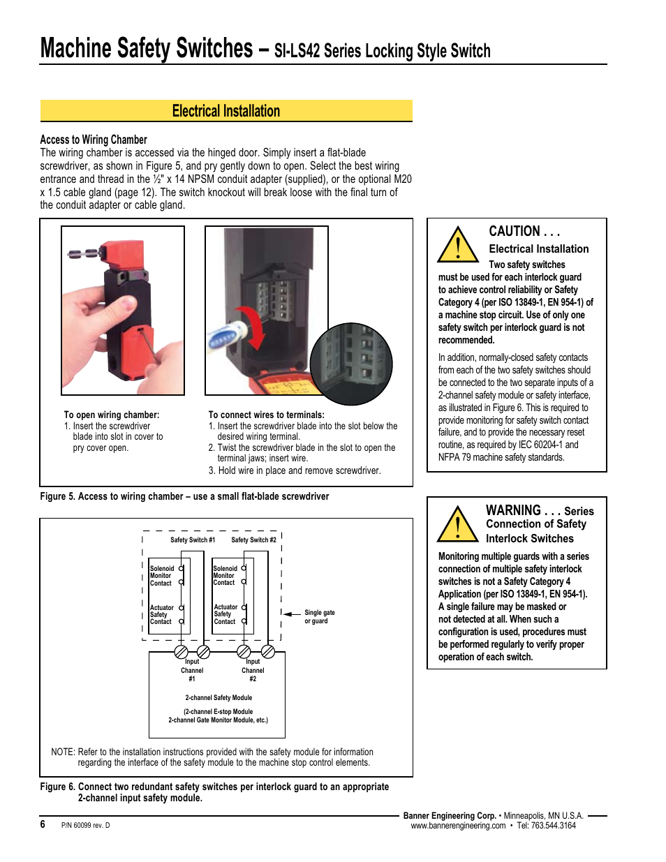 Machine safety switches, Si-ls42 series locking style switch, Electrical installation | Caution, Warning, Access to wiring chamber | Banner SI-QM100 Locking Style Switches User Manual | Page 6 / 12