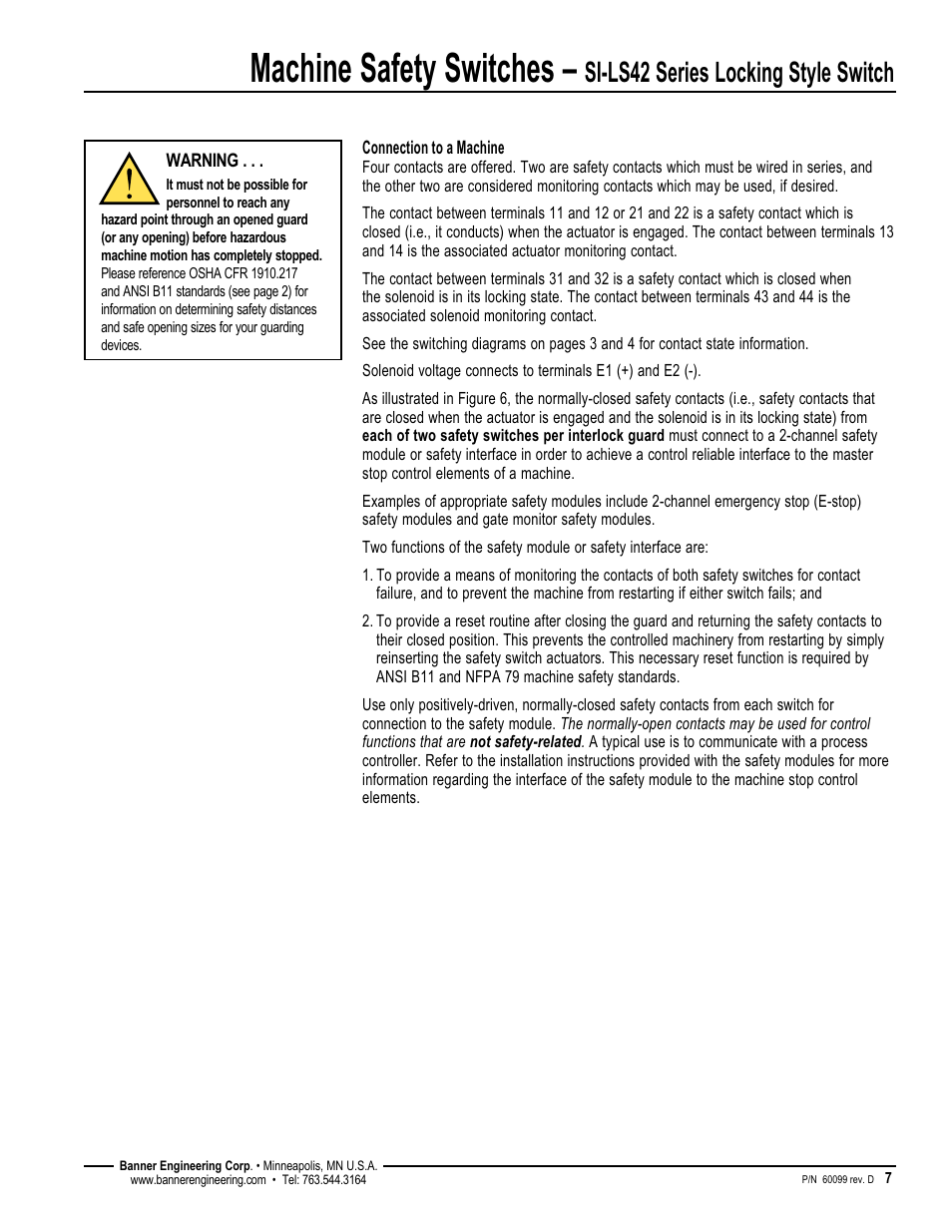 Machine safety switches, Si-ls42 series locking style switch | Banner SI-QM100 Locking Style Switches User Manual | Page 7 / 12