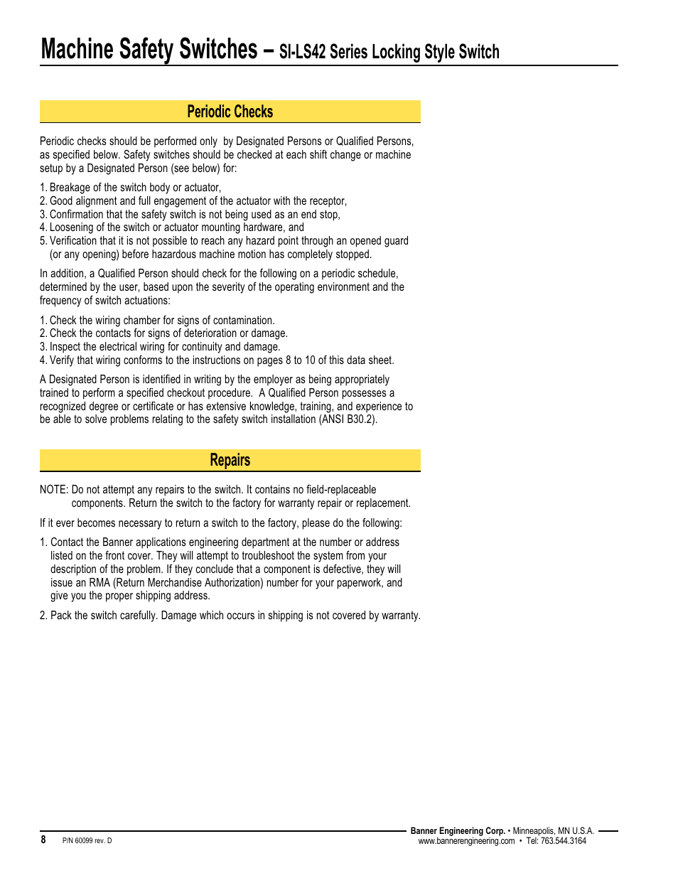 Machine safety switches, Si-ls42 series locking style switch, Periodic checks | Repairs | Banner SI-QM100 Locking Style Switches User Manual | Page 8 / 12