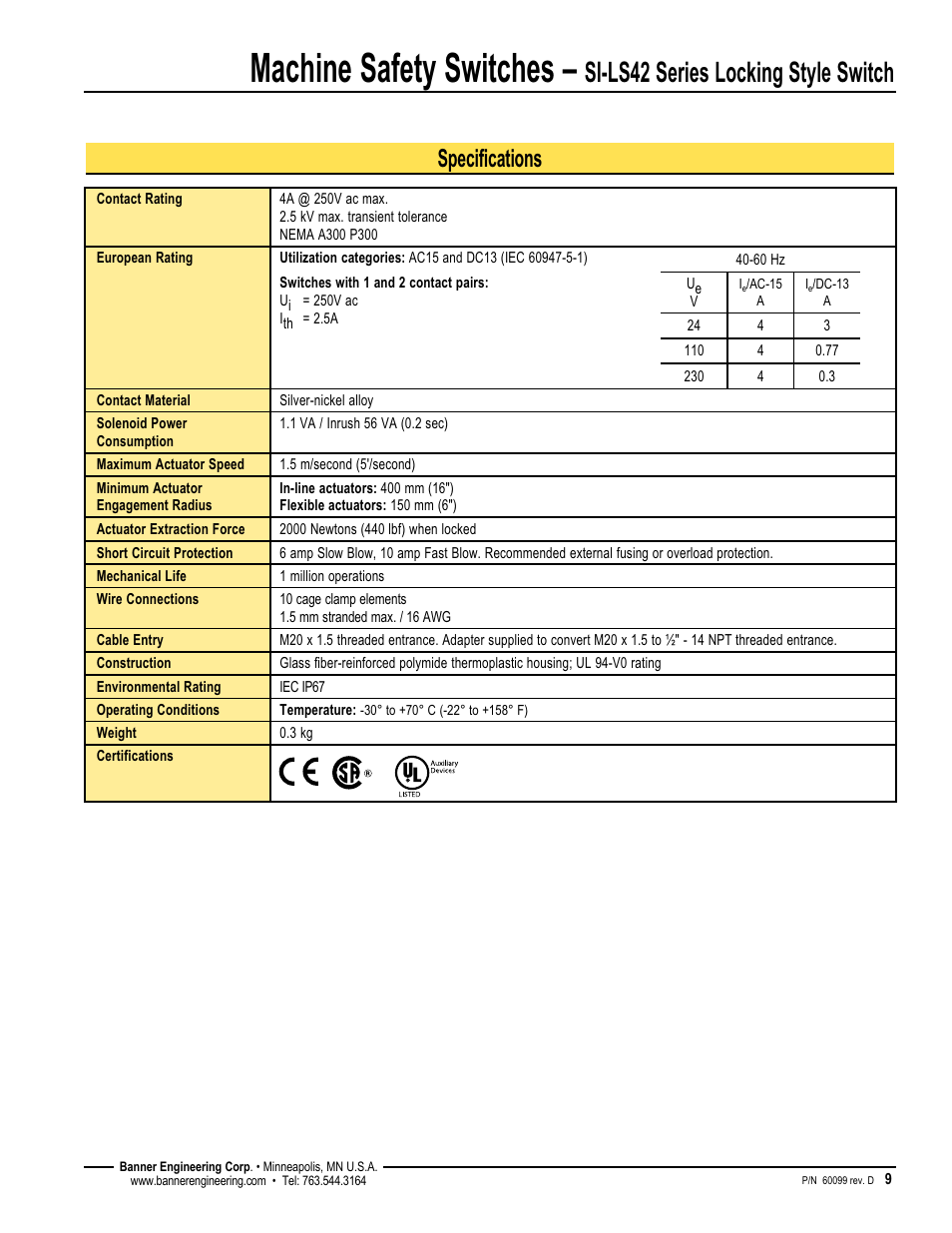 Machine safety switches, Si-ls42 series locking style switch, Specifications | Banner SI-QM100 Locking Style Switches User Manual | Page 9 / 12