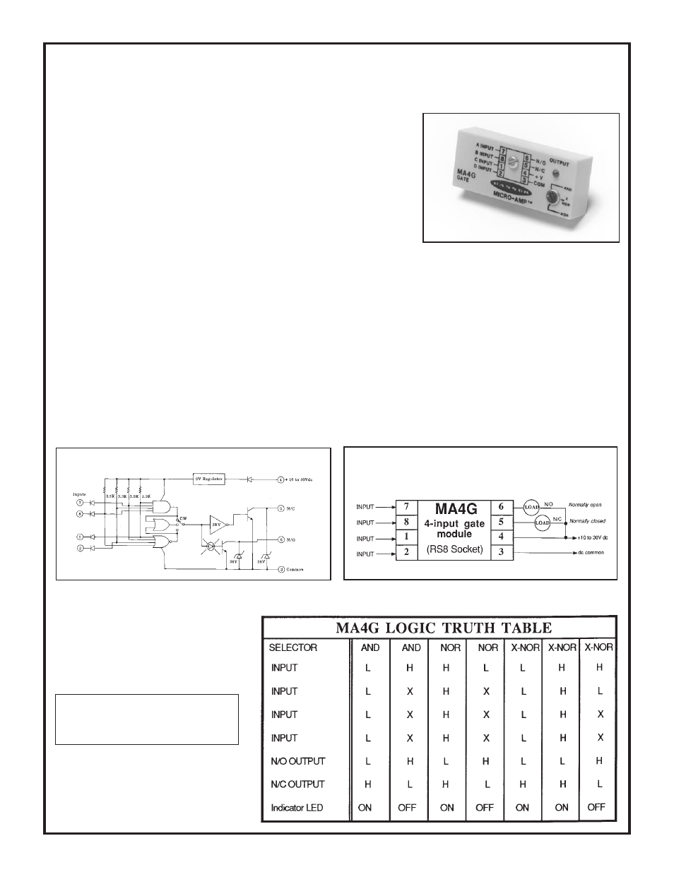 Micro-amp, System, Truth table | Ma4g 4-input gate logic module, Micro-amp ma4g specifications | Banner MICRO-AMP Series User Manual | Page 12 / 20