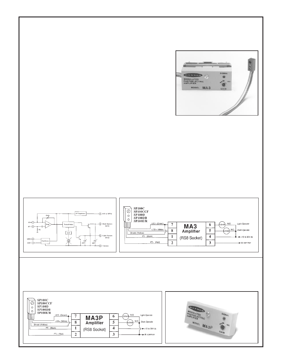 Micro-amp, System, Ma3 and ma3p modulated amplifiers | Model ma3p: pnp (current sourcing) output | Banner MICRO-AMP Series User Manual | Page 3 / 20