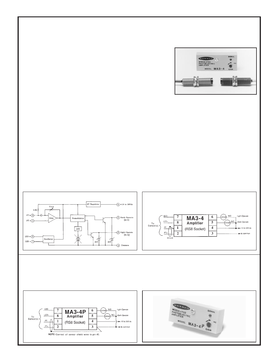 Micro-amp, System, Ma3-4 and ma3-4p modulated amplifiers | Model ma3-4p: pnp (current sourcing) output | Banner MICRO-AMP Series User Manual | Page 5 / 20