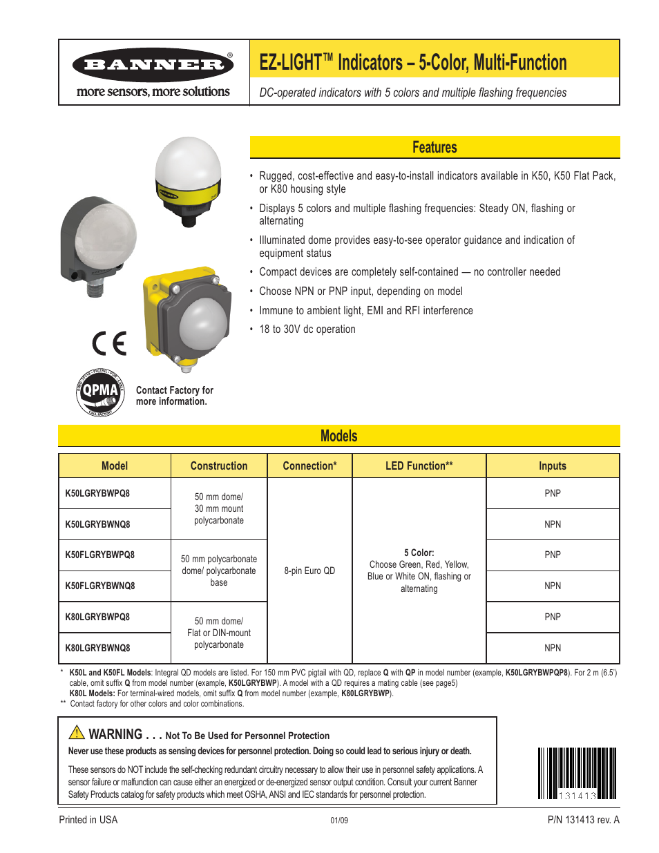 Banner K50FL Multi-Function EZ-LIGHT User Manual | 8 pages