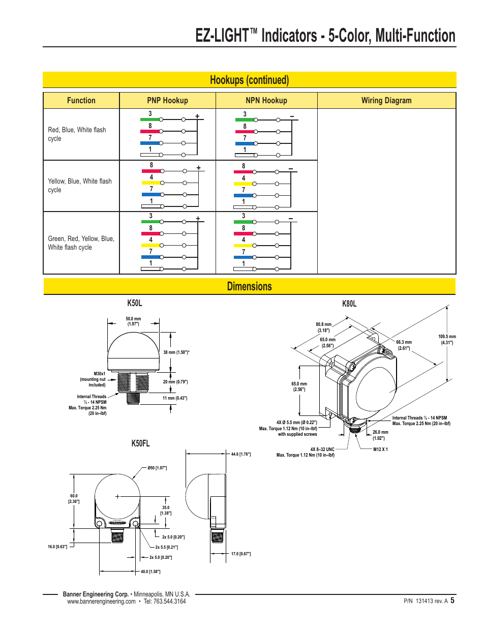 Ez-light, Indicators - 5-color, multi-function, Hookups (continued) dimensions | K50l, K50fl | Banner K50FL Multi-Function EZ-LIGHT User Manual | Page 5 / 8