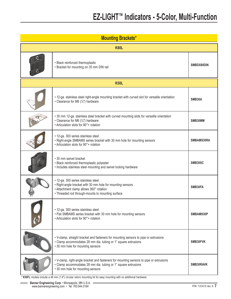 Ez-light, Indicators - 5-color, multi-function, Mounting brackets | Banner K50FL Multi-Function EZ-LIGHT User Manual | Page 7 / 8