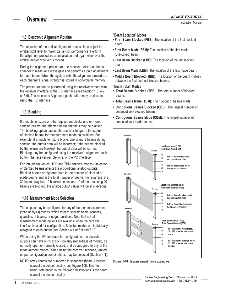 Overview, 8 electronic alignment routine, 9 blanking | 10 measurement mode selection, Beam location” modes, Beam total” modes | Banner EZ-ARRAY USB Serial Adapter User Manual | Page 10 / 48