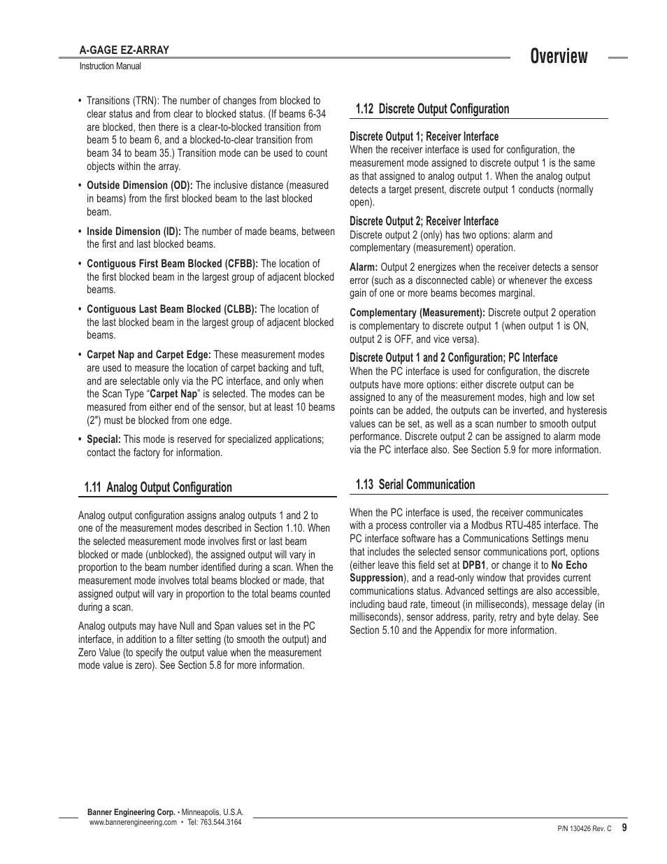 Overview, 11 analog output configuration, 12 discrete output configuration | 13 serial communication | Banner EZ-ARRAY USB Serial Adapter User Manual | Page 11 / 48