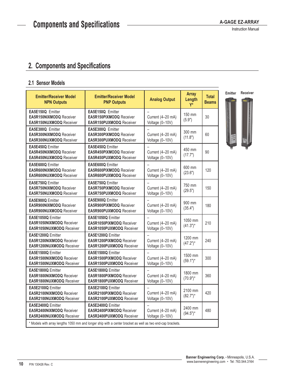 Components and specifications, 1 sensor models | Banner EZ-ARRAY USB Serial Adapter User Manual | Page 12 / 48