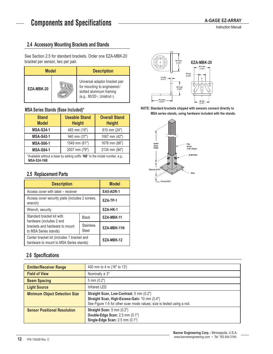 Components and specifications, 5 replacement parts, Msa series stands (base included) | A-gage ez-array, Description model | Banner EZ-ARRAY USB Serial Adapter User Manual | Page 14 / 48