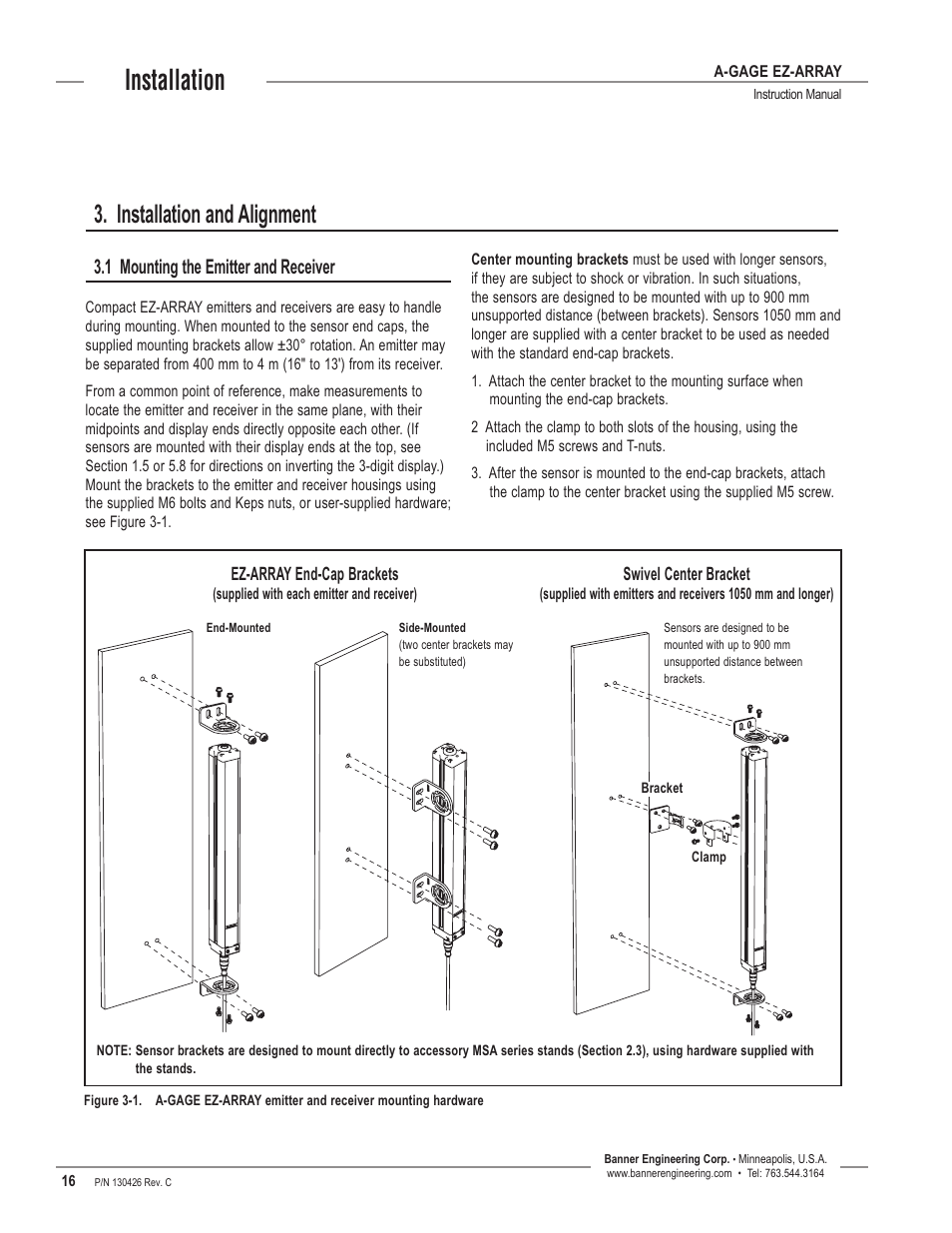 Installation and alignment, 1 mounting the emitter and receiver, Installation | Banner EZ-ARRAY USB Serial Adapter User Manual | Page 18 / 48
