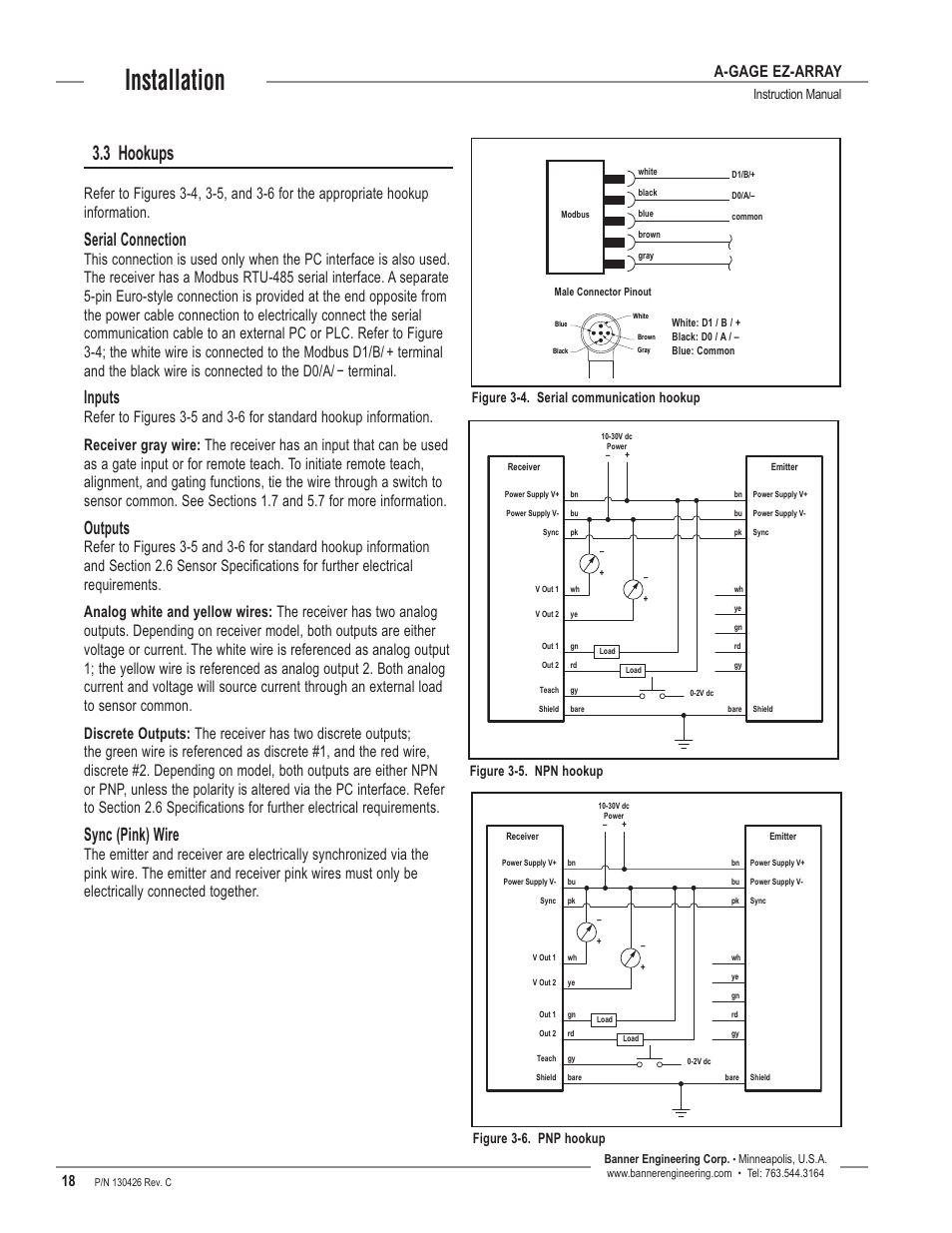 3 hookups, Installation, Serial connection | Inputs, Outputs, Sync (pink) wire, A-gage ez-array, Instruction manual, Figure 3-5. npn hookup | Banner EZ-ARRAY USB Serial Adapter User Manual | Page 20 / 48