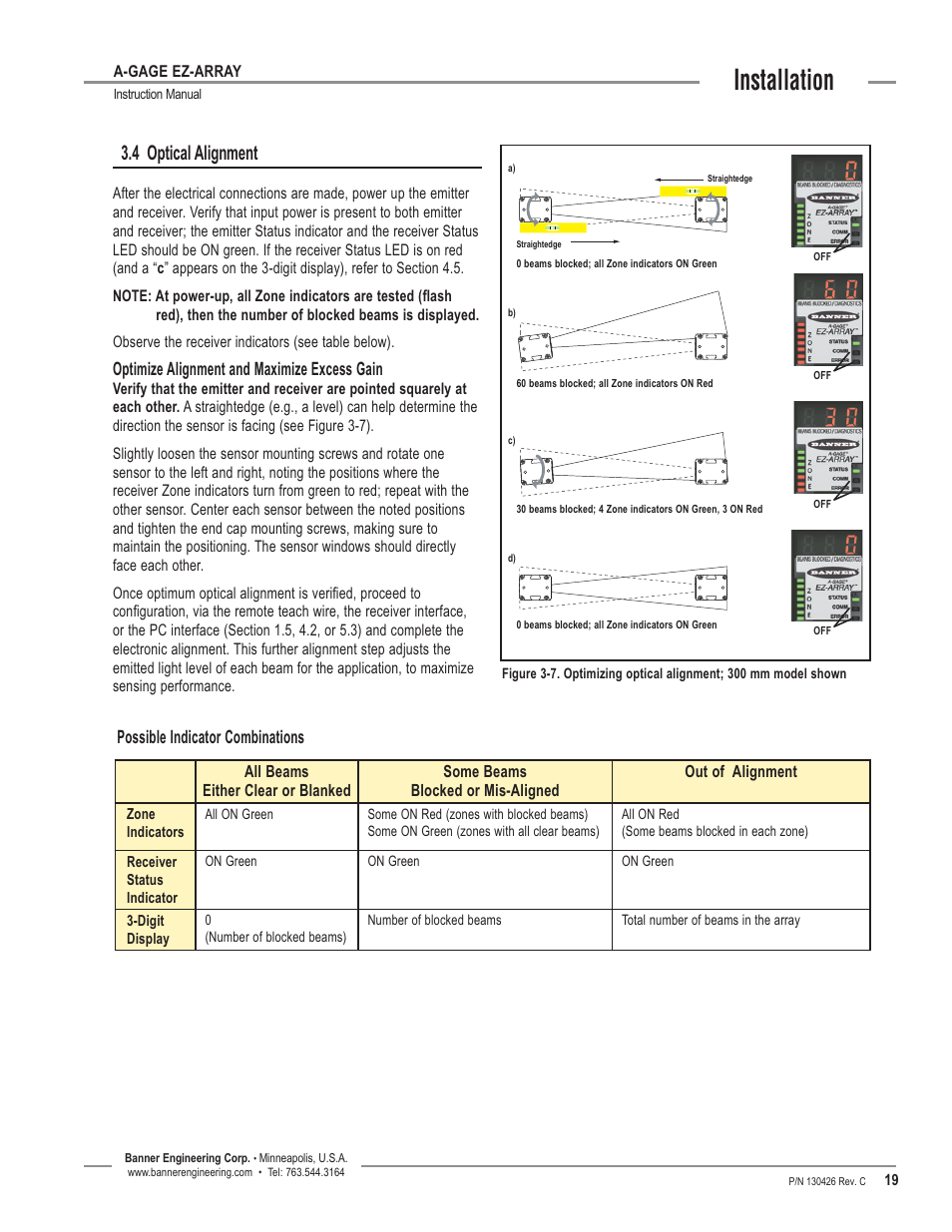 4 optical alignment, Installation, Optimize alignment and maximize excess gain | Possible indicator combinations | Banner EZ-ARRAY USB Serial Adapter User Manual | Page 21 / 48