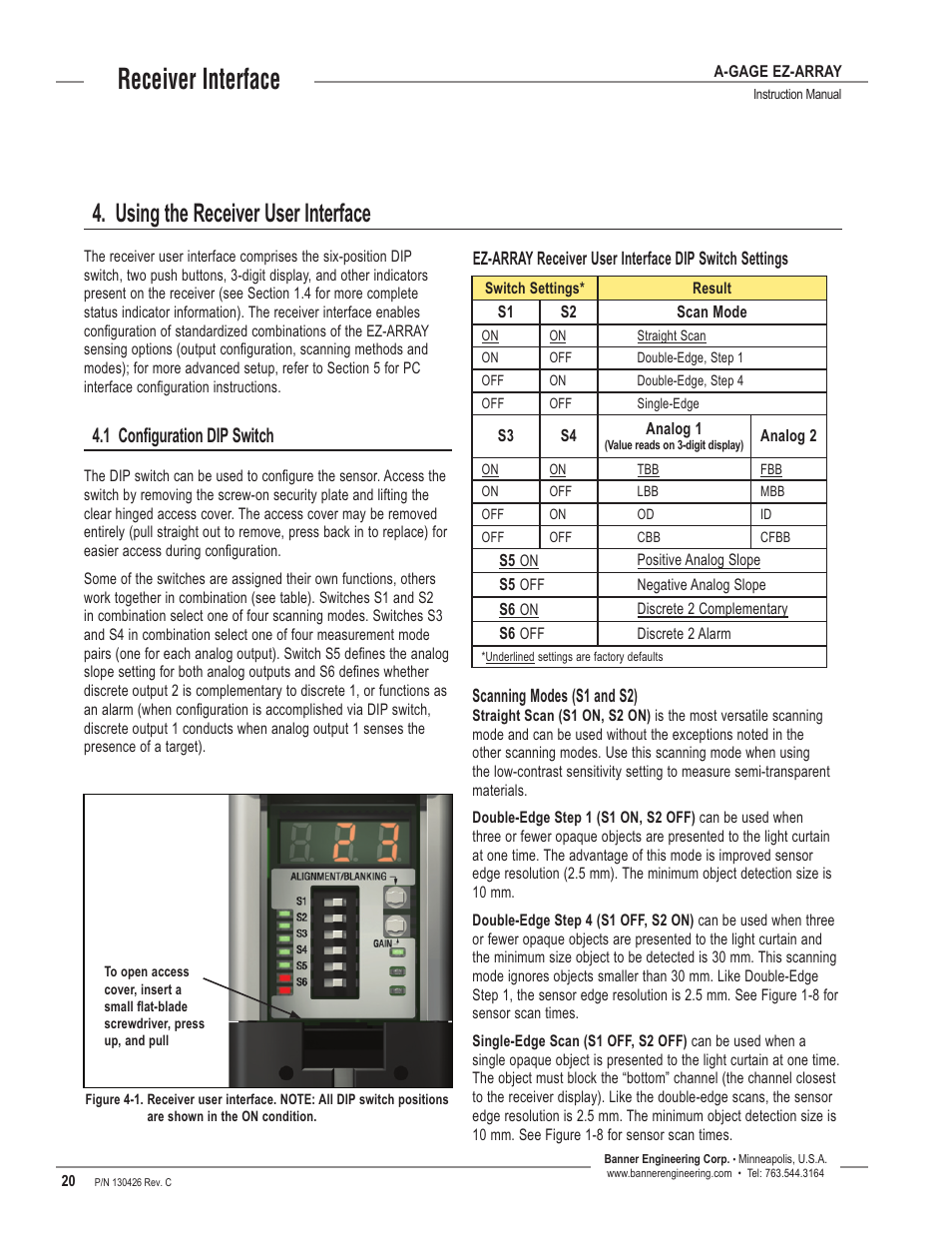 Using the receiver user interface, 1 configuration dip switch, Receiver interface | Banner EZ-ARRAY USB Serial Adapter User Manual | Page 22 / 48