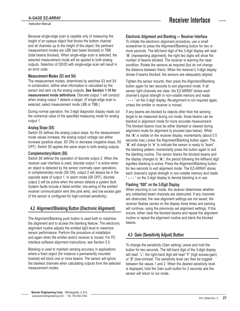 Receiver interface, 3 gain (sensitivity adjust) button | Banner EZ-ARRAY USB Serial Adapter User Manual | Page 23 / 48