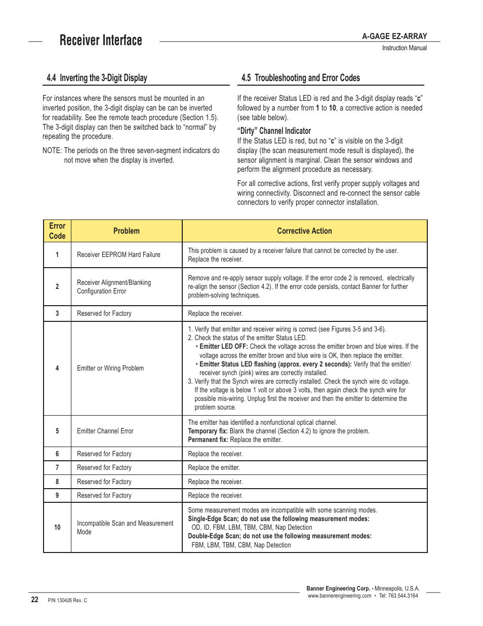 Receiver interface, 4 inverting the 3-digit display, 5 troubleshooting and error codes | Banner EZ-ARRAY USB Serial Adapter User Manual | Page 24 / 48