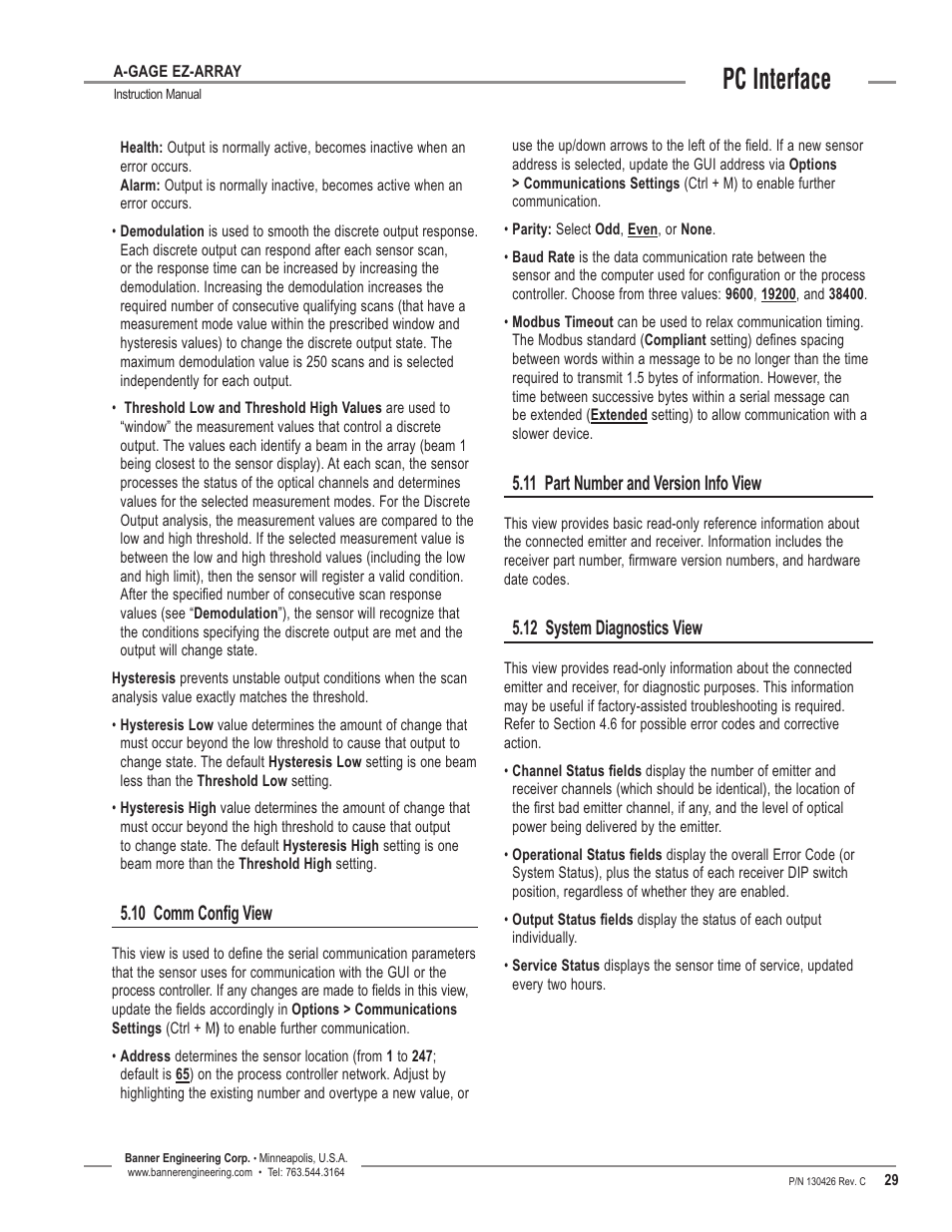 Pc interface, 11 part number and version info view, 12 system diagnostics view | 10 comm config view | Banner EZ-ARRAY USB Serial Adapter User Manual | Page 31 / 48