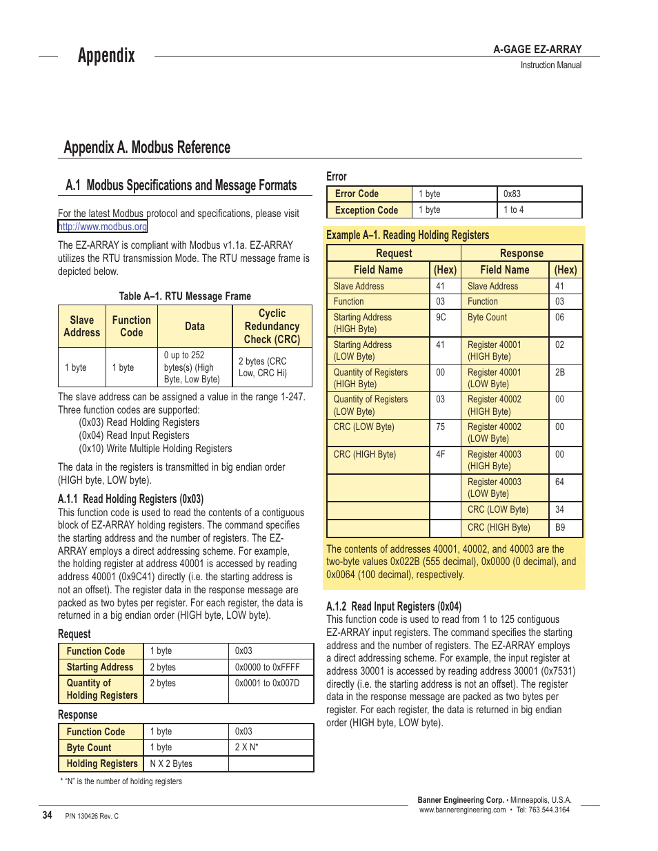 Appendix a. modbus reference, Appendix, A.1 modbus specifications and message formats | Banner EZ-ARRAY USB Serial Adapter User Manual | Page 36 / 48