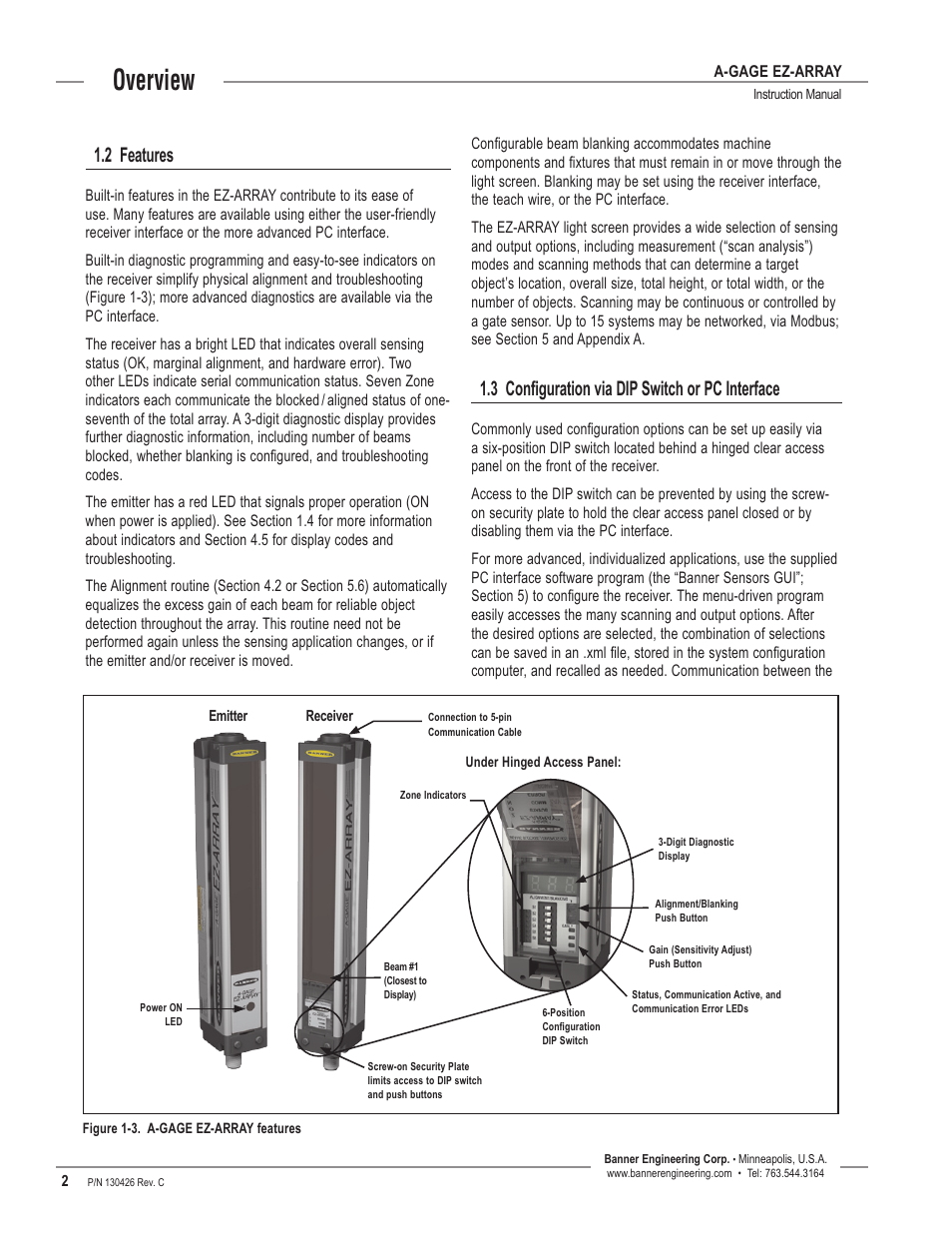 Overview, 2 features, 3 configuration via dip switch or pc interface | Banner EZ-ARRAY USB Serial Adapter User Manual | Page 4 / 48