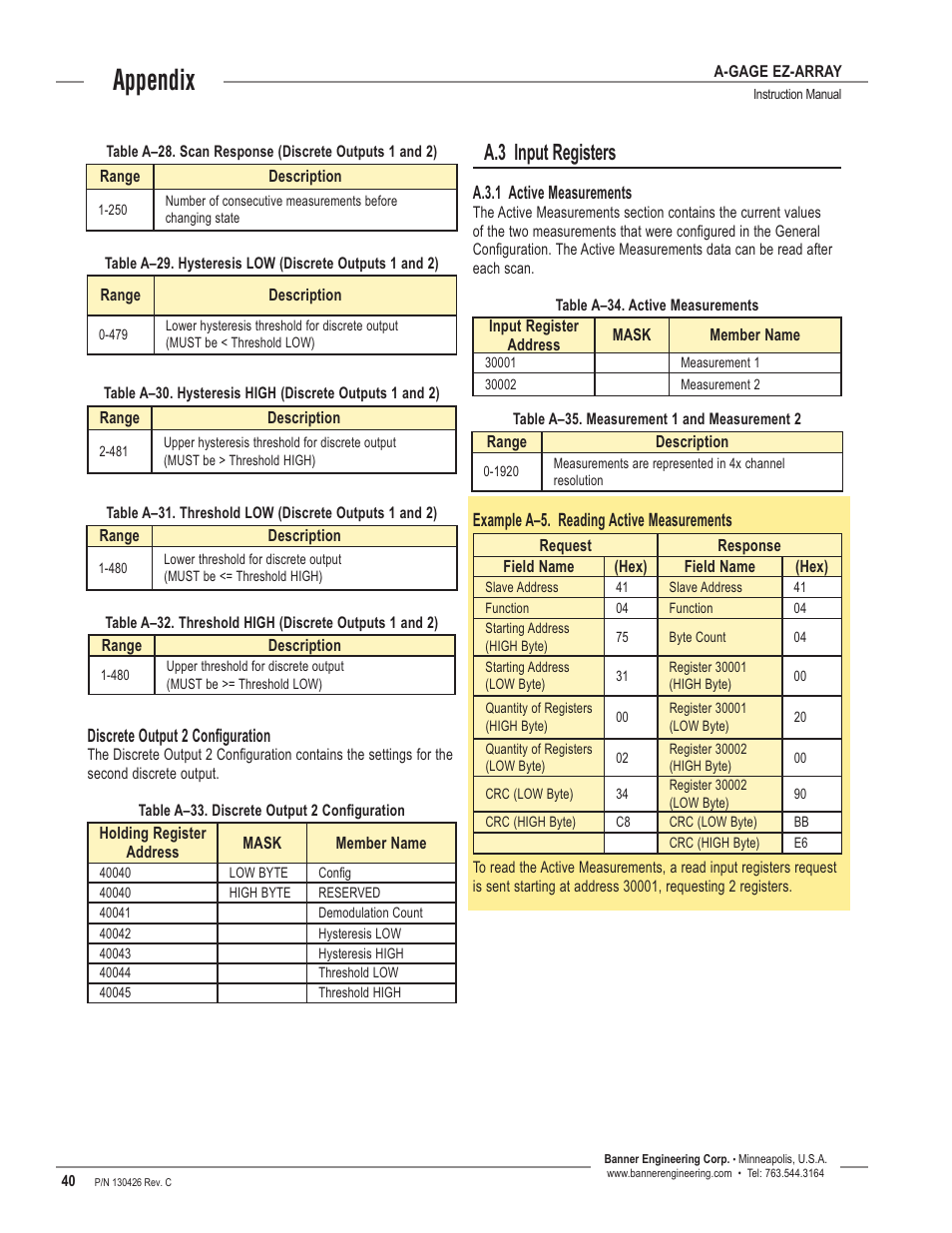 Appendix, A.3 input registers | Banner EZ-ARRAY USB Serial Adapter User Manual | Page 42 / 48