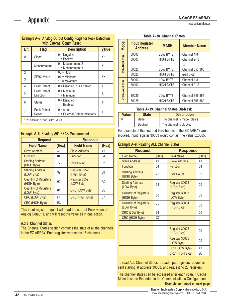Appendix, Example a–8. reading a01 peak measurement, A.3.3 channel states | Example a–9. reading all channel states | Banner EZ-ARRAY USB Serial Adapter User Manual | Page 44 / 48
